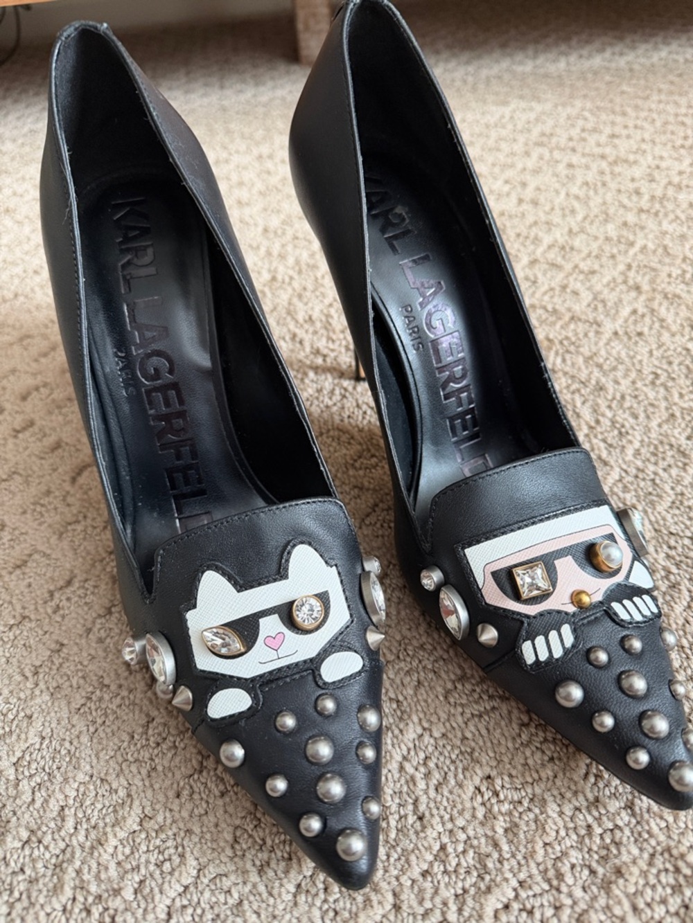 Karl Lagerfeld Black Studded Pointed Pumps with Cat & Robot Appliqués